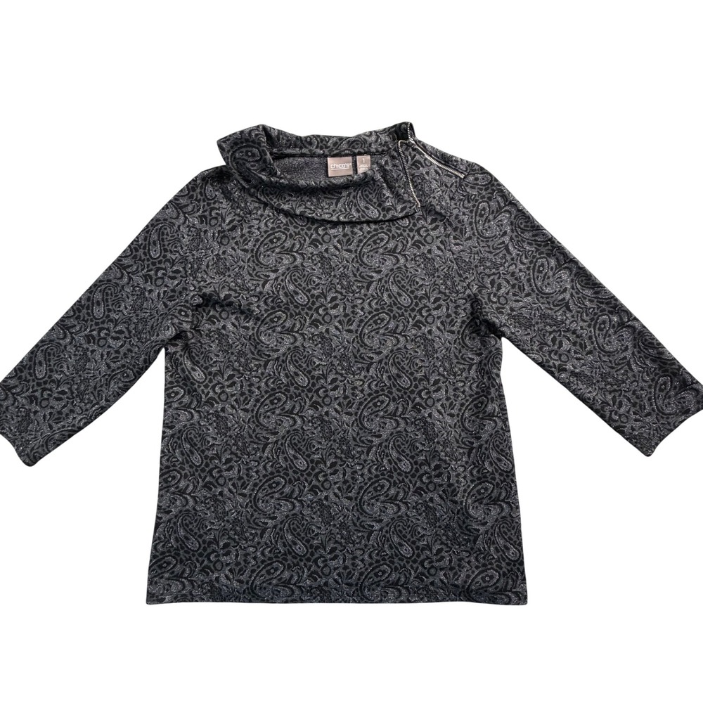Chicos Metallic Paisley Leopard Cowl Neck Top Silver Black Size 1 M Shoulder Zip
